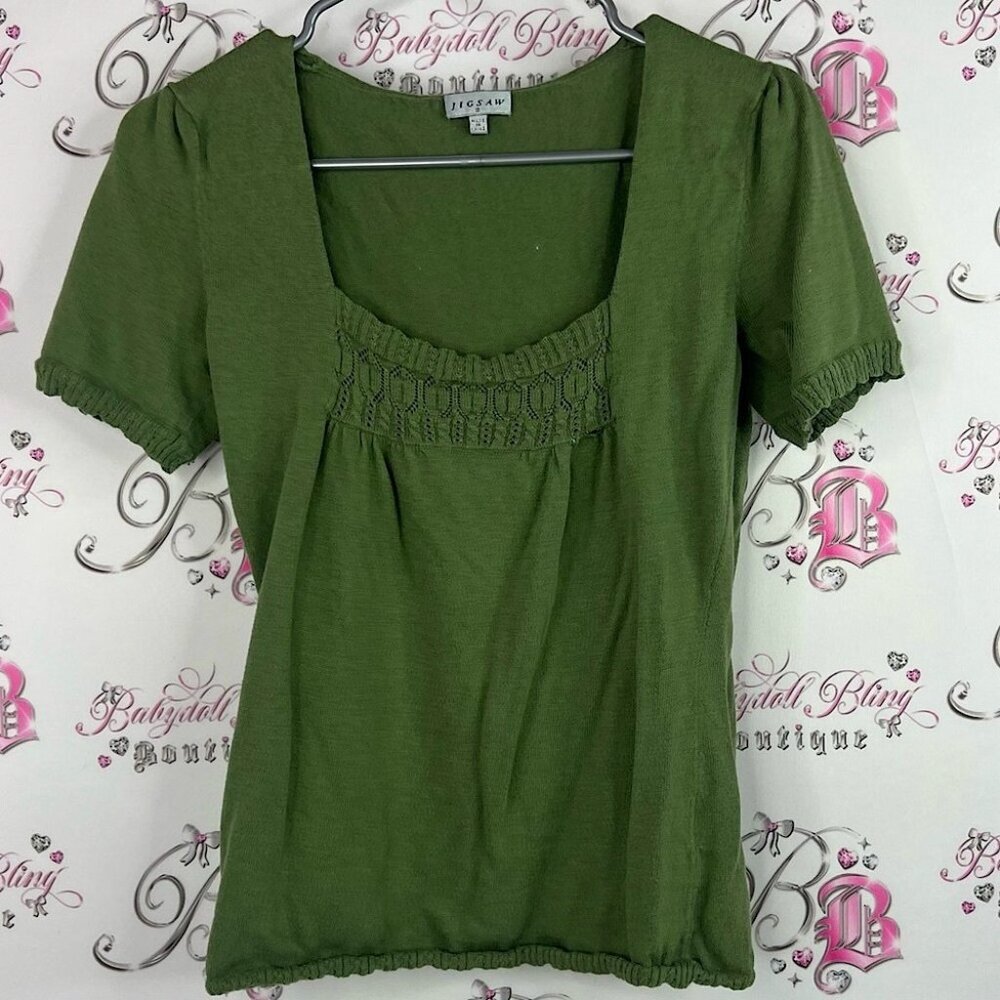 Jigsaw tshirt tee top olive army boho crochet detail Forest Green Blouse
